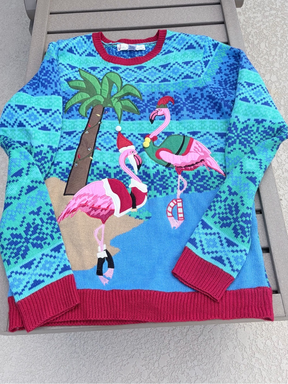 Festive Flamingo Crewneck Christmas Palm Tree Coastal Ugly Sweater M